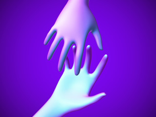 Helping gesture - two hands taking each other on blue background. Concept of online support and digital customer care service. Vector illustration of partnership of artificial intelligence and human.