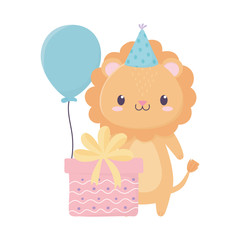 Obraz na płótnie Canvas happy birthday lion with party hat gift balloon celebration decoration