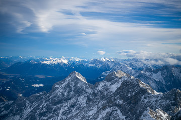 High alpine mountains with snow in Germany and blue beautiful sky