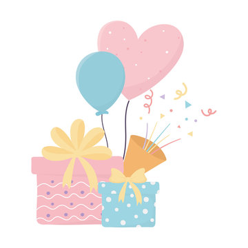 happy birthday gifts balloons horn confetty celebration decoration card