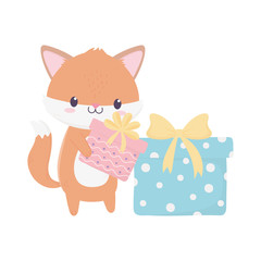 happy birthday fox with gifts celebration decoration card