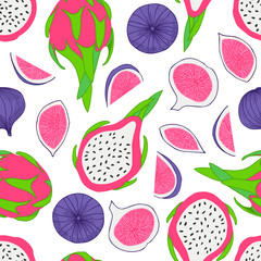 Colorful fig and dragon fruit on white background. Hand drawn seamless pattern. Stock vector illustration.