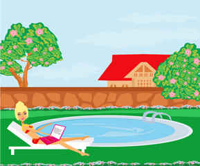 Obraz na płótnie Canvas Woman sunbathing at swimming pool during summer