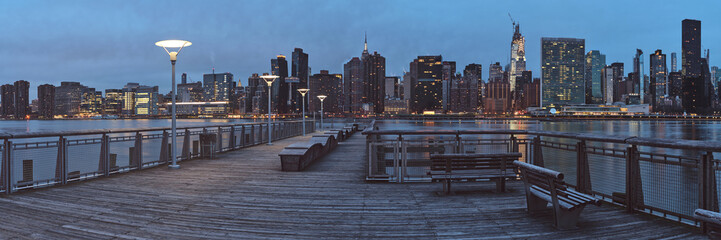 Panorama of Gantry Plaza State Park in Long Island City, Queens, New York in early morning