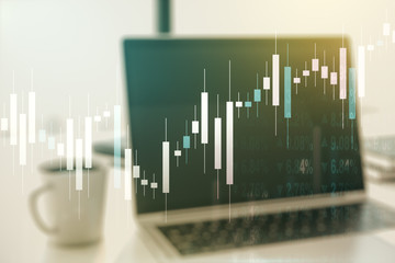 Multi exposure of abstract creative financial chart on computer background, research and analytics concept