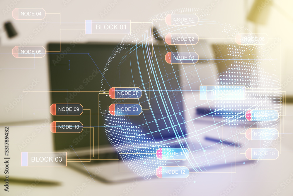 Aufkleber multi exposure of abstract software development hologram with world map on laptop background, global
