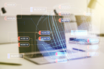 Multi exposure of abstract software development hologram with world map on laptop background, global research and analytics concept