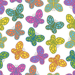 Fototapeta na wymiar Seamless pattern of abstract multicolored butterflies on a white background