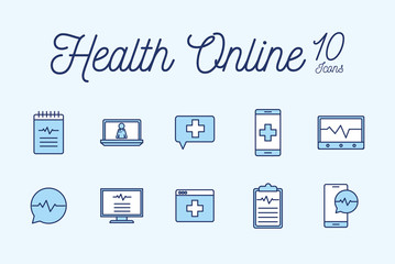 10 Isolated health online line and fill style icon set vector design