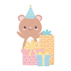 Obraz na płótnie Canvas happy birthday little bear party hat and gift boxes celebration decoration card