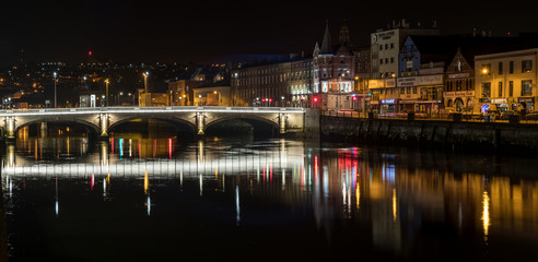 Beautiful night view scene Cork city center old town Ireland cityscape reflection river Lee