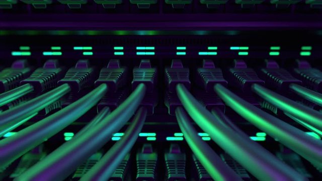 Close-up View of Modern Internet Network Switch With Plugged Ethernet Cables. Blinking Lights on Internet Server. Concept of Data Center, Cloud Computing and Telecommunications. Endless Loop.
