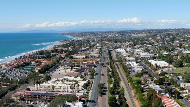 Aerial view of Solana Beach with Pacific ocean during sunny day, coastal city in San Diego County, California. USA