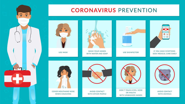 Covid-19 virus protection tips. Illustrated medical procedures with stick figures to prevent coronavirus spread