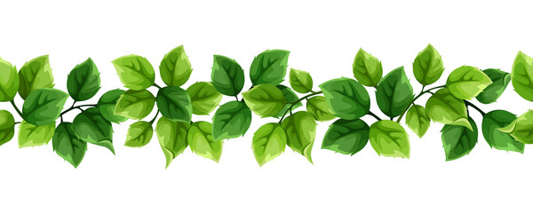Vector horizontal seamless border with green leaves. © naddya