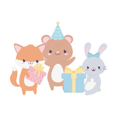 happy birthday cute animals gifts party hat cupcake celebration decoration card