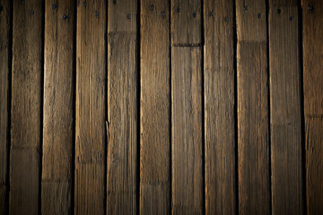 Wooden texture. Old terrace board. Background of old natural wooden dark empty deck with messy and grungy crack beech, oak tree floor texture inside vintage, retro perfect blank.