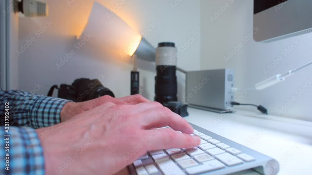 Poster office worker is typing a letter text on a computer keyboard. written information transfer concept.