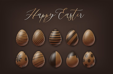 Easter poster or banner. Cholocate eggs with decoration on brown background. Golden lettering. Spring egg hunt. Vector illustration.