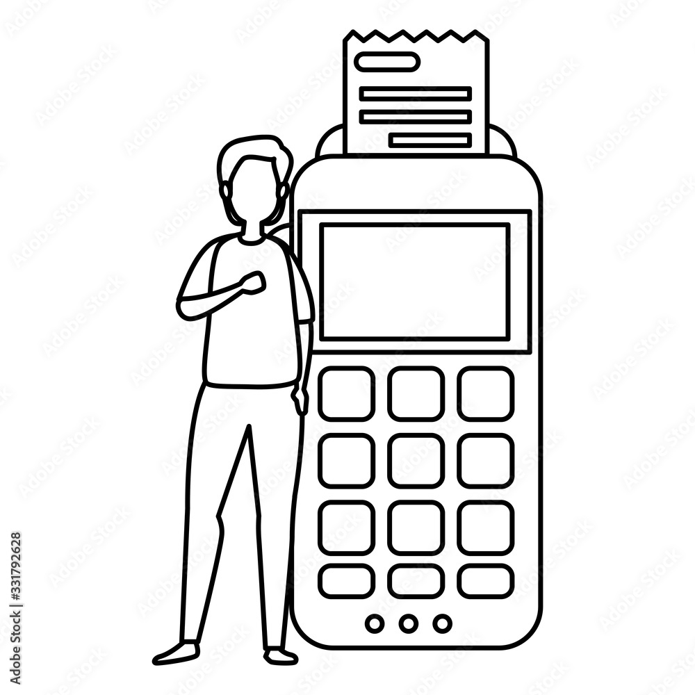 Poster man with dataphone device isolated icon vector illustration design