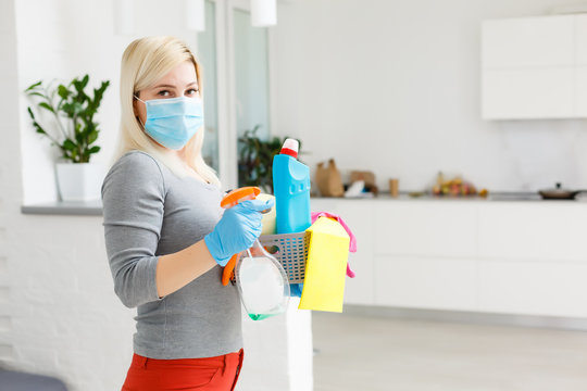 Cleaning And Disinfection At Town Complex Amid The Coronavirus Epidemic. Professional Teams For Disinfection Efforts. Infection Prevention And Control Of Epidemic. Protective Gloves And Mask