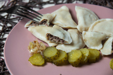 dumplings with pluck, homemade traditional Ukrainian dish varenyky