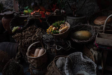 fruit and vegetable bodegon in low key.