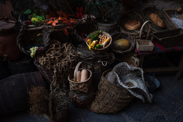 fruit and vegetable bodegon in low key.