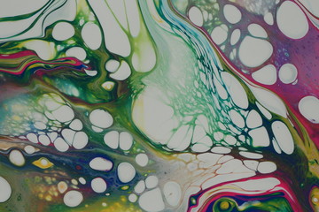 Abstract acrylic pour painting with rainbows of color amidst webbing and white cells for backgrounds.