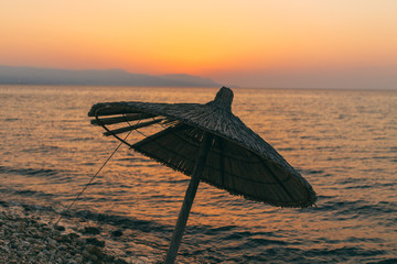 First warm days on the Nafpaktos beach. Sunny spring seascape of Corinth Gulf. Splendid morning...