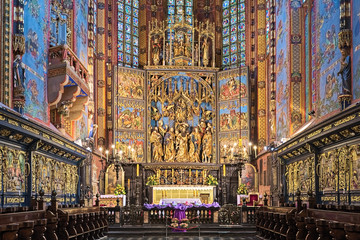 Veit Stoss altarpiece in St. Mary's Basilica in Krakow, Poland. The altarpiece was carved between...