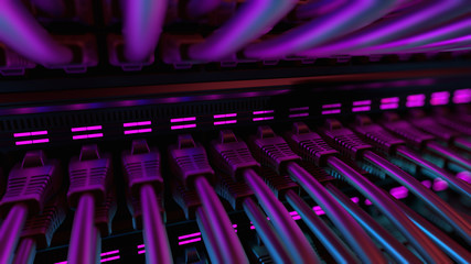 Close-up View of Modern Internet Network Switch With Plugged Ethernet Cables. Blinking Lights on...