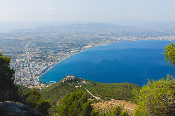 Panoramic view of Loutraki and Aegean sea, Greece in a summer day