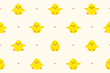 Seamless pattern with little chickens and hearts. Cute chicks with different smiles. Festive endless vector background for Easter or birthday.  Endless texture for wallpaper, web page, wrapping paper