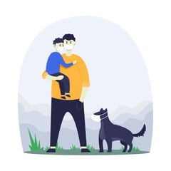 People and pets in medical masks. Color flat vector illustration