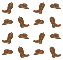 Vector seamless pattern of colored hand drawn doodle sketch cowboy western hat and boots isolated on white background