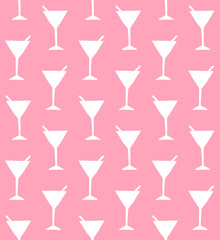 Vector seamless pattern of white hand drawn doodle sketch martini cocktail silhouette isolated on pink background