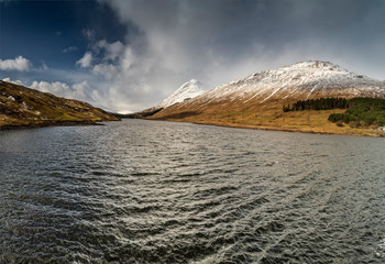 Stronuich reservoir dam panorama, view of Scottish landscape, Highlands, Scotland