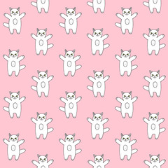 Vector seamless pattern of white hand drawn doodle sketch cat isolated on pastel pink background