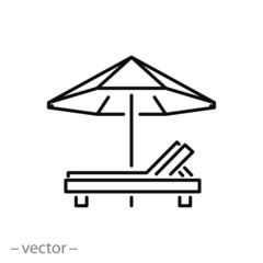 lounge chair with sun umbrella on a beach icon, outline parasol, summer vacation, thin line web symbol on white background - editable stroke vector illustration eps10 - obrazy, fototapety, plakaty