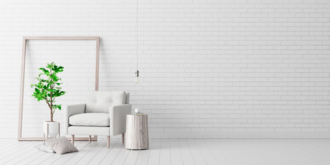 Living room interior design with white velvet armchair and white brick wall 3d render 3d...