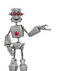 funny grey robot cartoon demonstraiting some thing in a white background