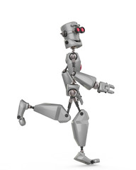 funny grey robot cartoon jogging in a white background side view