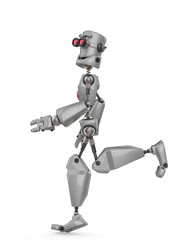 funny grey robot cartoon jogging in front in a white background