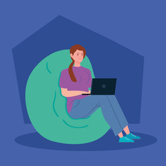 woman working in telecommuting with laptop sitting in pouf soft vector illustration design