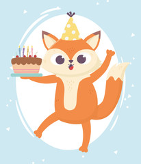 happy day, little fox with hat and sweet cake