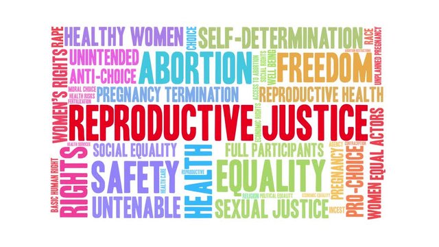 Reproductive Justice animated word cloud on a white background.