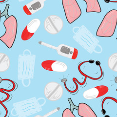 Seamless pattern with medical equipment on blue background. Vector hand drawn illustrations in cartoon