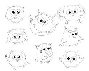 Illustration funny cartoon children coloring book cute colorless owls isolated on white background