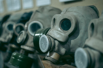 Old Soviet gas masks against radiation that were used during the liquidation of the Chernobyl...